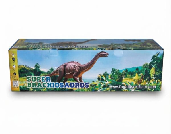 Bateria de fogos de artifício Super Brachiosaurus da categoria F3, com ilustração de dinossauro e paisagem pré-histórica, vista frontal da embalagem.