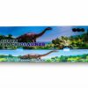 Close-up do topo da bateria pirotécnica Super Brachiosaurus, mostrando a saída dos disparos, os tubos de lançamento e a continuação do design do dinossauro na face superior da caixa.